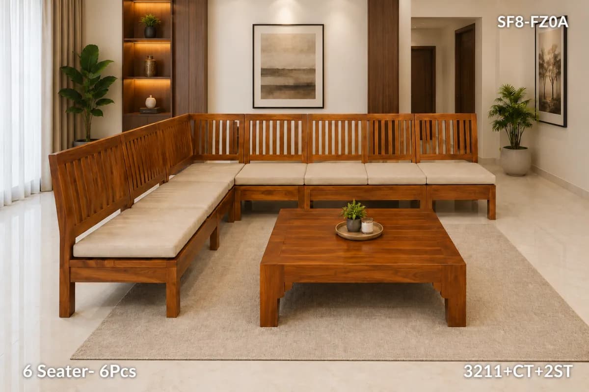 TEAK L Shape SOFA 6 Seater With 1 Corner Seat and Center Table