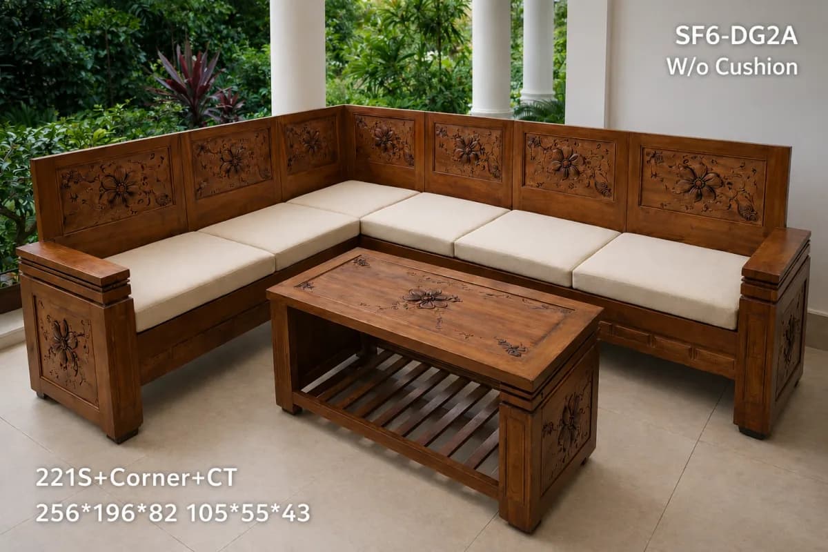 TEAK L Shape SOFA 5 Seater With 1 Corner Seat and Center Table