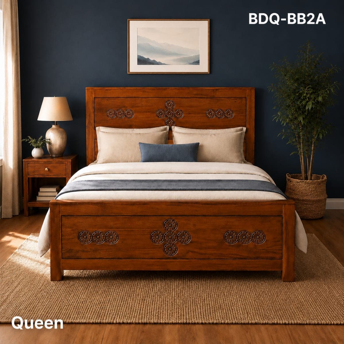 TEAK QUEEN BED HIGH HEADER
