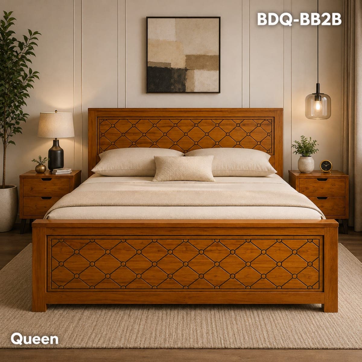TEAK QUEEN BED HIGH HEADER