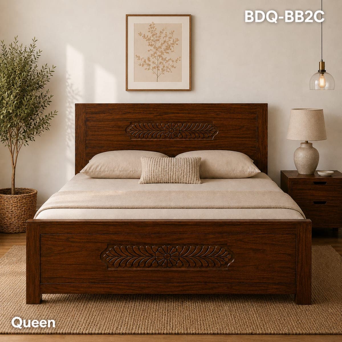TEAK QUEEN BED HIGH HEADER