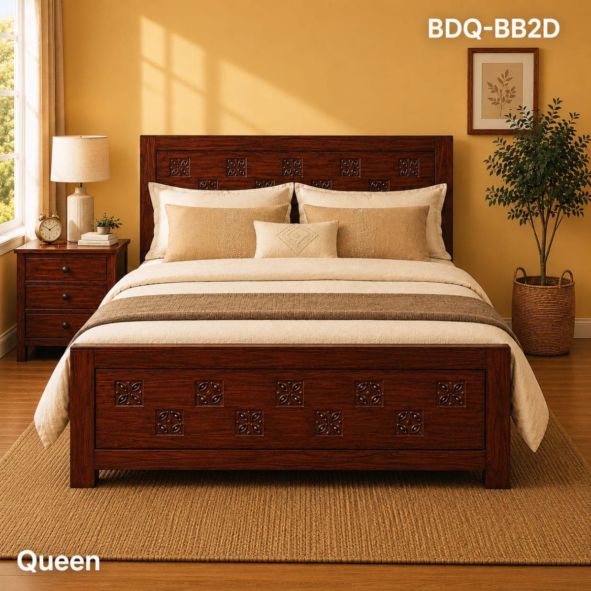 TEAK QUEEN BED HIGH HEADER