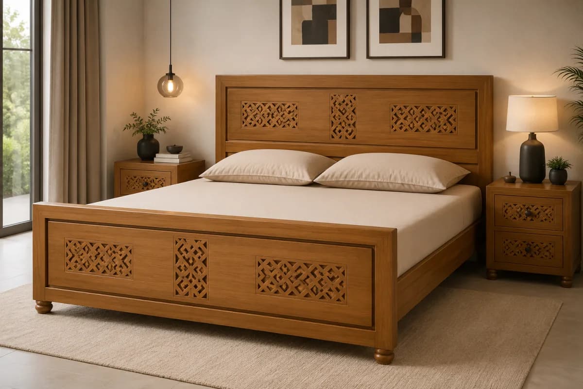 TEAK QUEEN BED HIGH HEADER