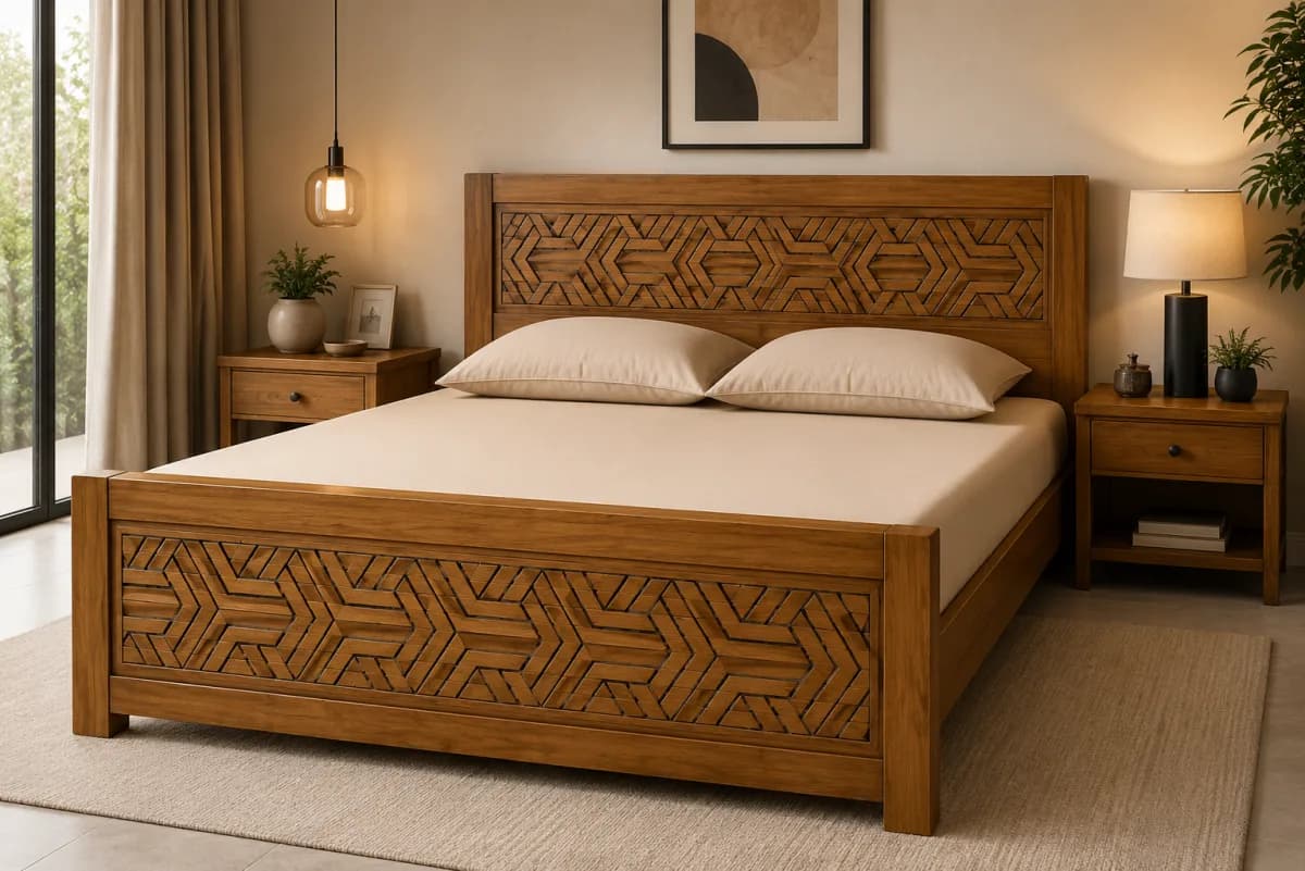 TEAK QUEEN BED HIGH HEADER