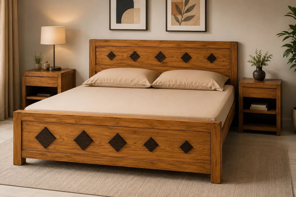 TEAK QUEEN BED HIGH HEADER