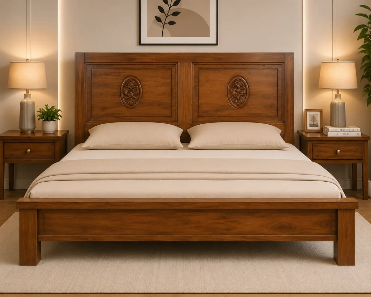 TEAK QUEEN BED HIGH HEADER