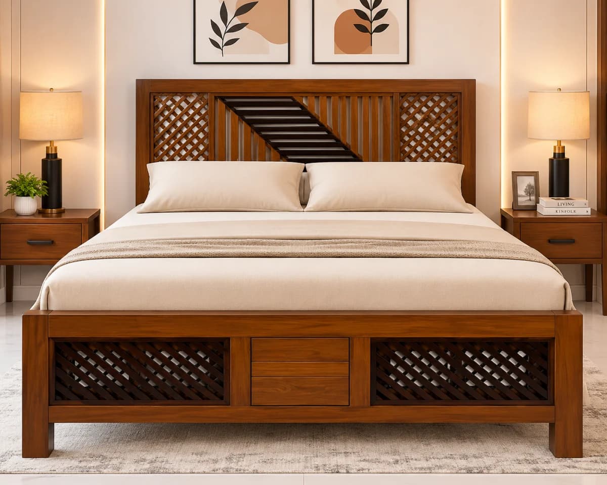 TEAK QUEEN BED Stripe