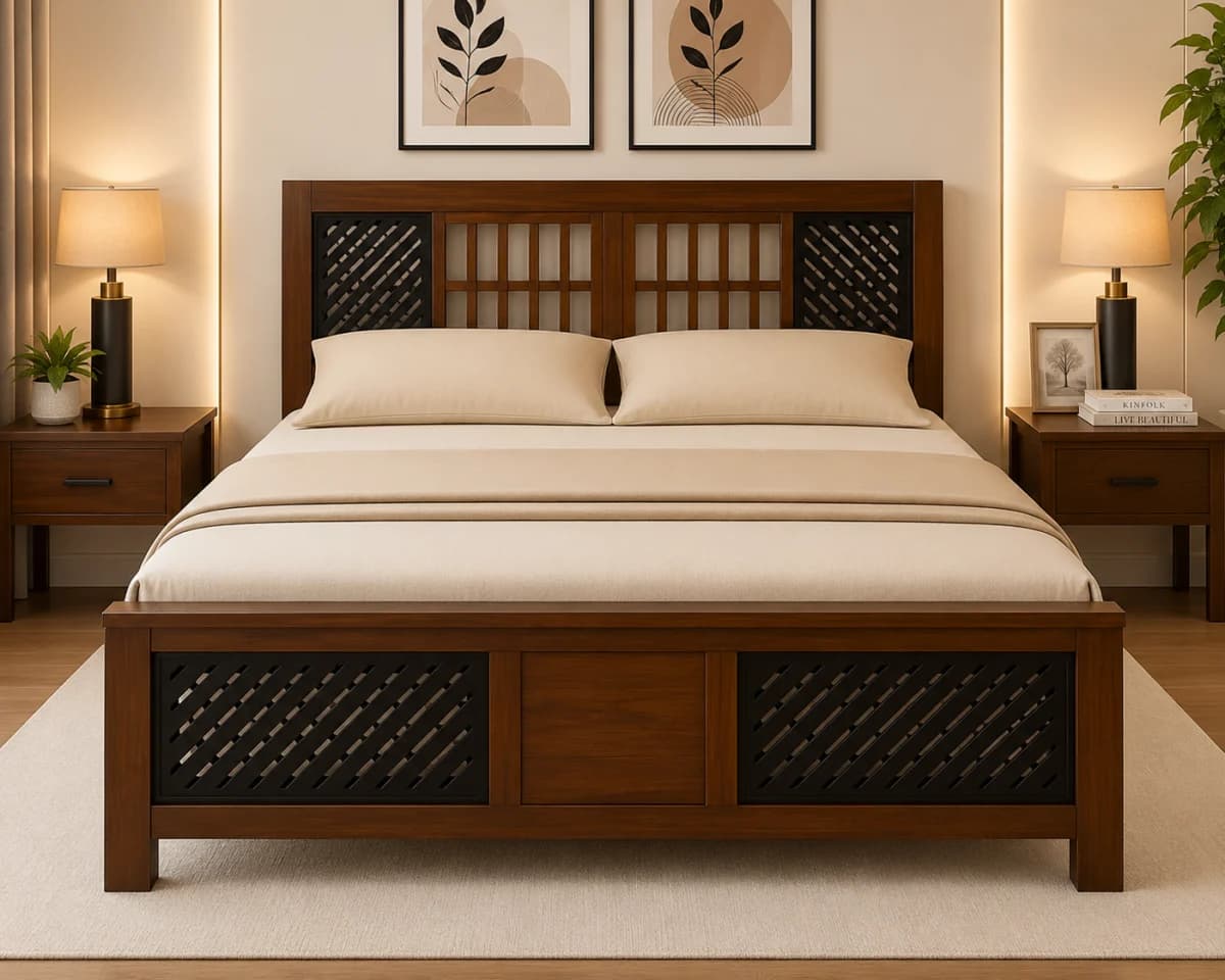 TEAK QUEEN BED Stripe