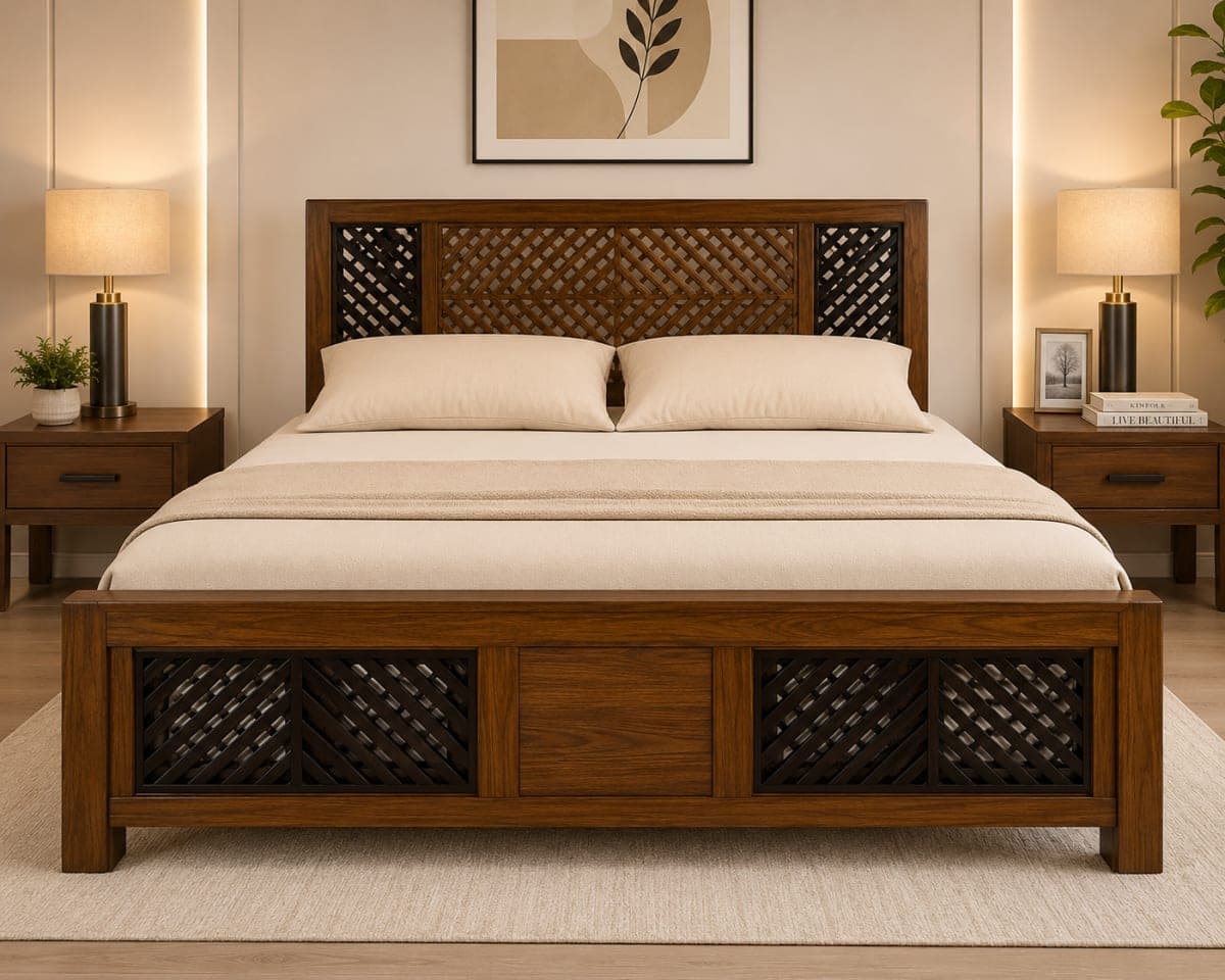 TEAK QUEEN BED Stripe