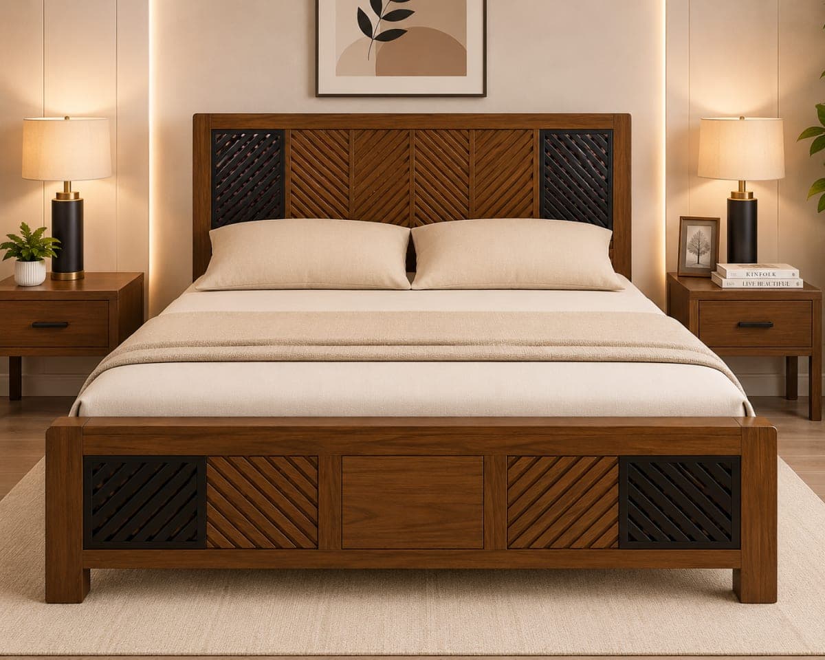 TEAK QUEEN BED Stripe