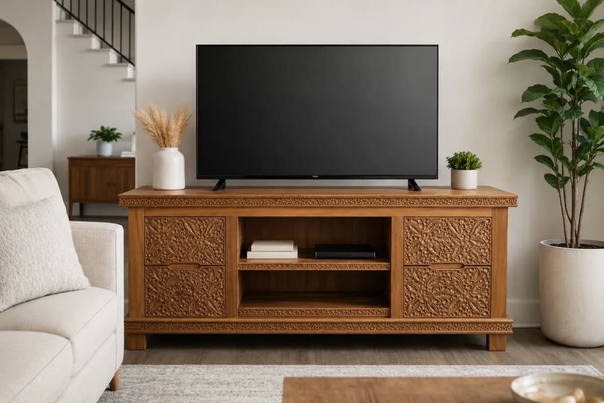 TEAK TV STAND STORAGE HAND CARVED TV CONSOLE