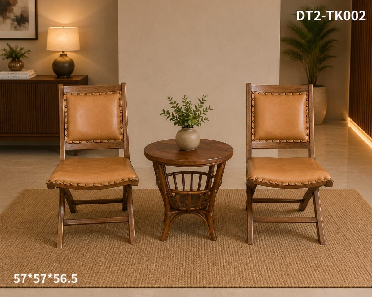 Teak Wood Folding Cushion Chair Pair with Coffee Table