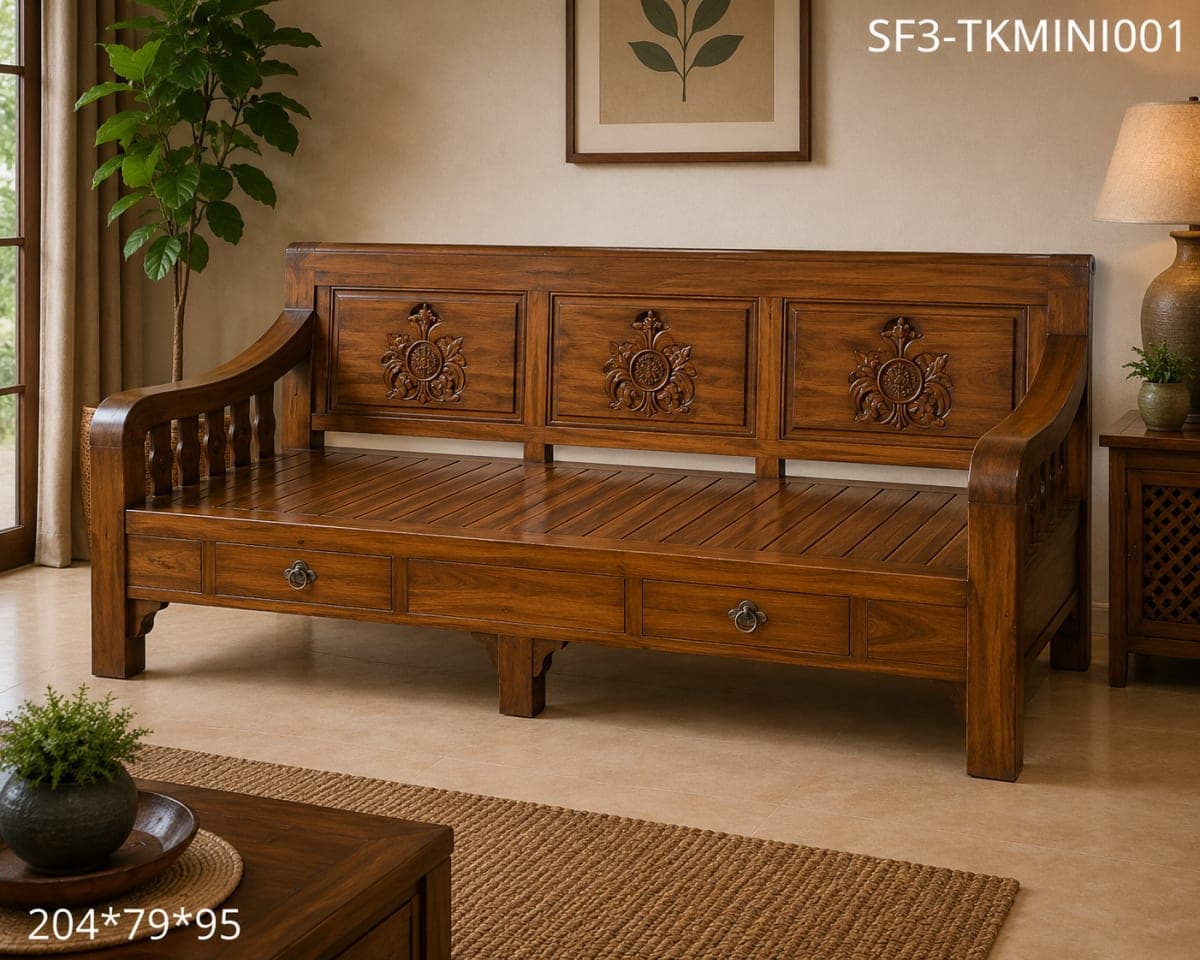 TEAK WOOD MINIMALIST 3 SEATER SOFA