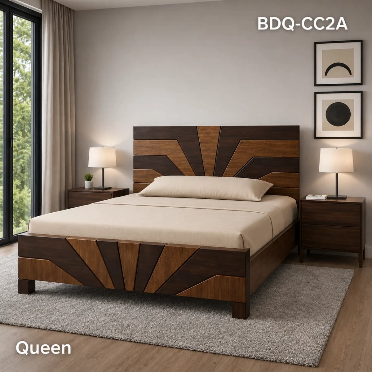 TEAK/ ROSE QUEEN BED ROSE and TEAK 3D