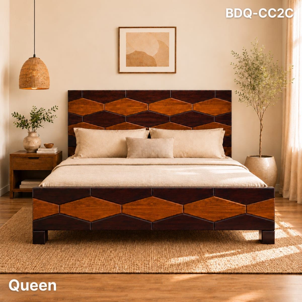TEAK/ ROSE QUEEN BED ROSE and TEAK 3D