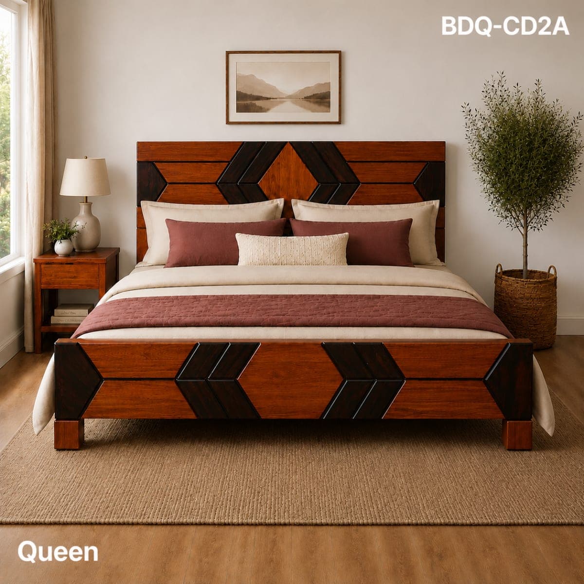 TEAK/ ROSE QUEEN BED ROSE and TEAK 3D
